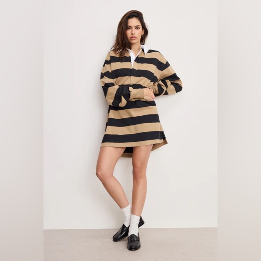 NEW Good American Medium Khaki And Black Rugby Stripe Jersey Polo Mini Dress - Picture 1 of 12